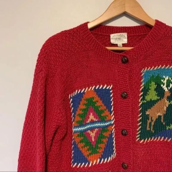 Vintage hand knitted red green cardigan sweater by Susan Bristol large - Picture 7 of 8